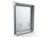 Rear view of Sunstone BA-VDVL1420 vented access door showing hinge bracket, mounting frame, and installation flange.