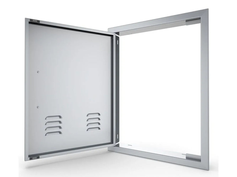 Sunstone BA-VDVL1724 left vertical vented door open with separate trim frame, showing flush-mount outdoor kitchen access panel installation.