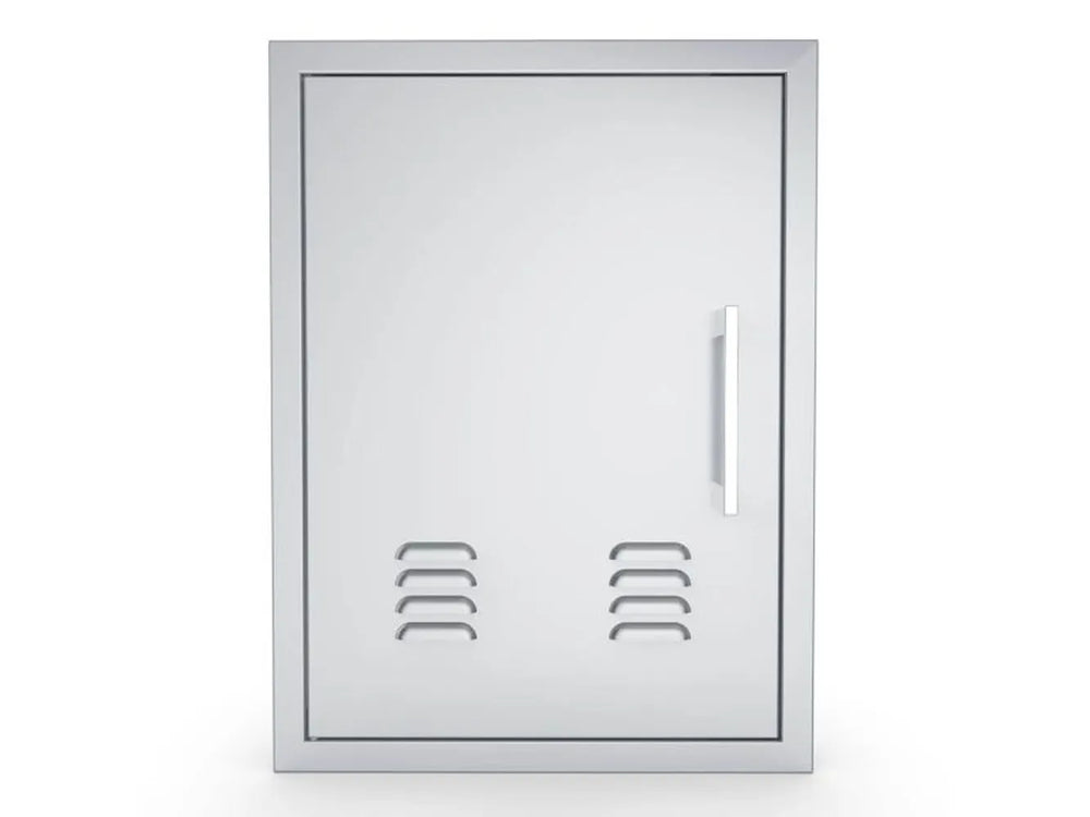 Sunstone BA-VDVL1724 left vertical vented access door, 17" x 24", 304 stainless steel, front view with left-side handle and lower vent slots.