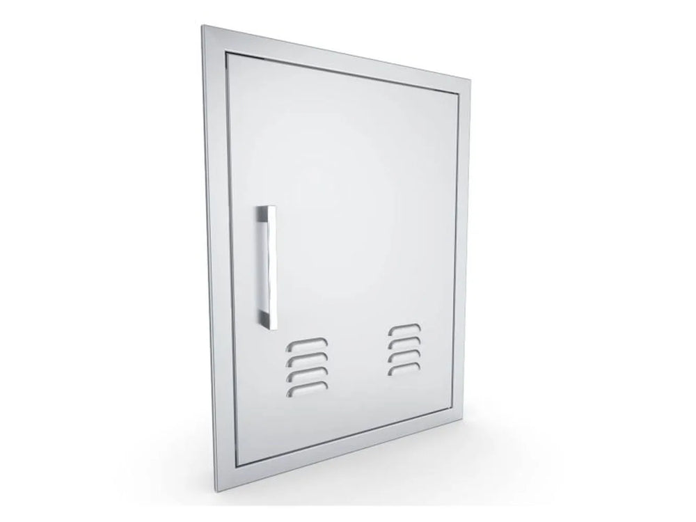 Angled front view of Sunstone BA-VDVR1724 304 stainless right vertical vented door with beveled trim frame and bar handle.