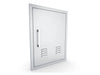 Angled front view of Sunstone BA-VDVR1724 304 stainless right vertical vented door with beveled trim frame and bar handle.
