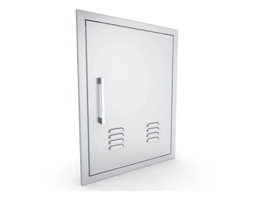 Angled front view of Sunstone BA-VDVR1724 304 stainless right vertical vented door with beveled trim frame and bar handle.