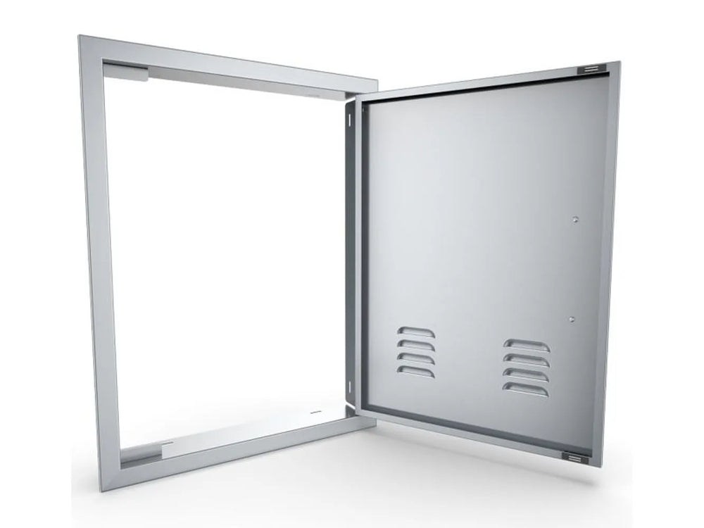 Sunstone BA-VDVR1724 right vertical vented door open with separate trim frame, showing flush-mount outdoor kitchen access panel installation.