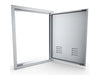 Sunstone BA-VDVR1724 right vertical vented door open with separate trim frame, showing flush-mount outdoor kitchen access panel installation.
