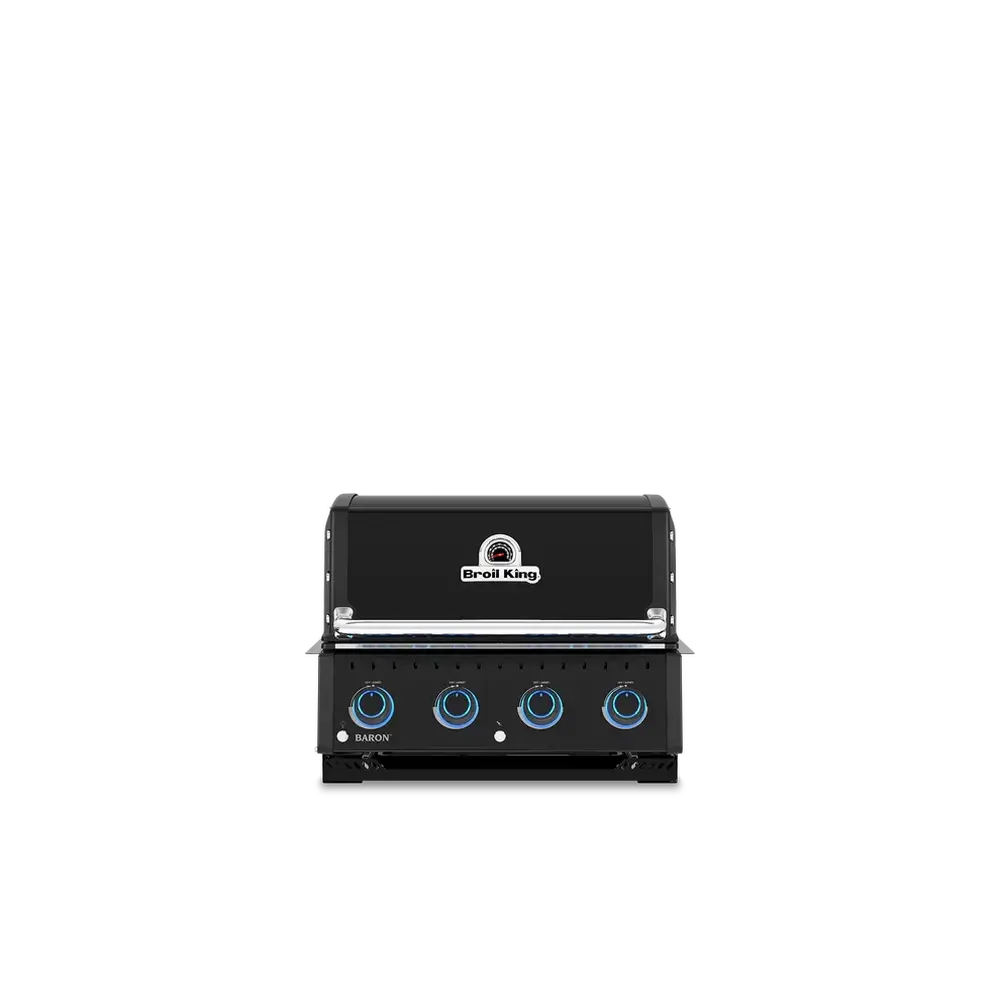 Detail view of the blue LED backlit Sensi-Touch control knob on a Broil King Baron 420 Shadow gas grill.