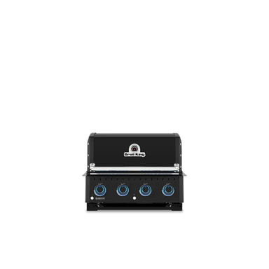Detail view of the blue LED backlit Sensi-Touch control knob on a Broil King Baron 420 Shadow gas grill.