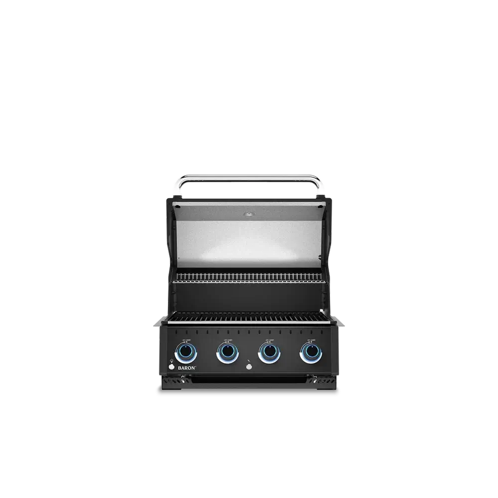 Broil King Baron 420 Shadow Built-In grill with open lid showing stainless steel cooking grids and warming rack.