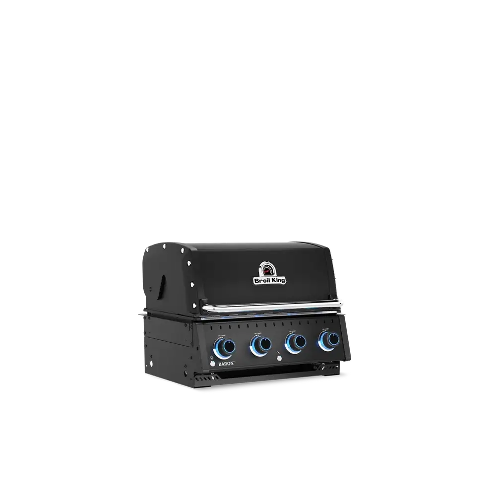 Three-quarter left view of the Broil King Baron 420 Shadow Built-In gas grill.