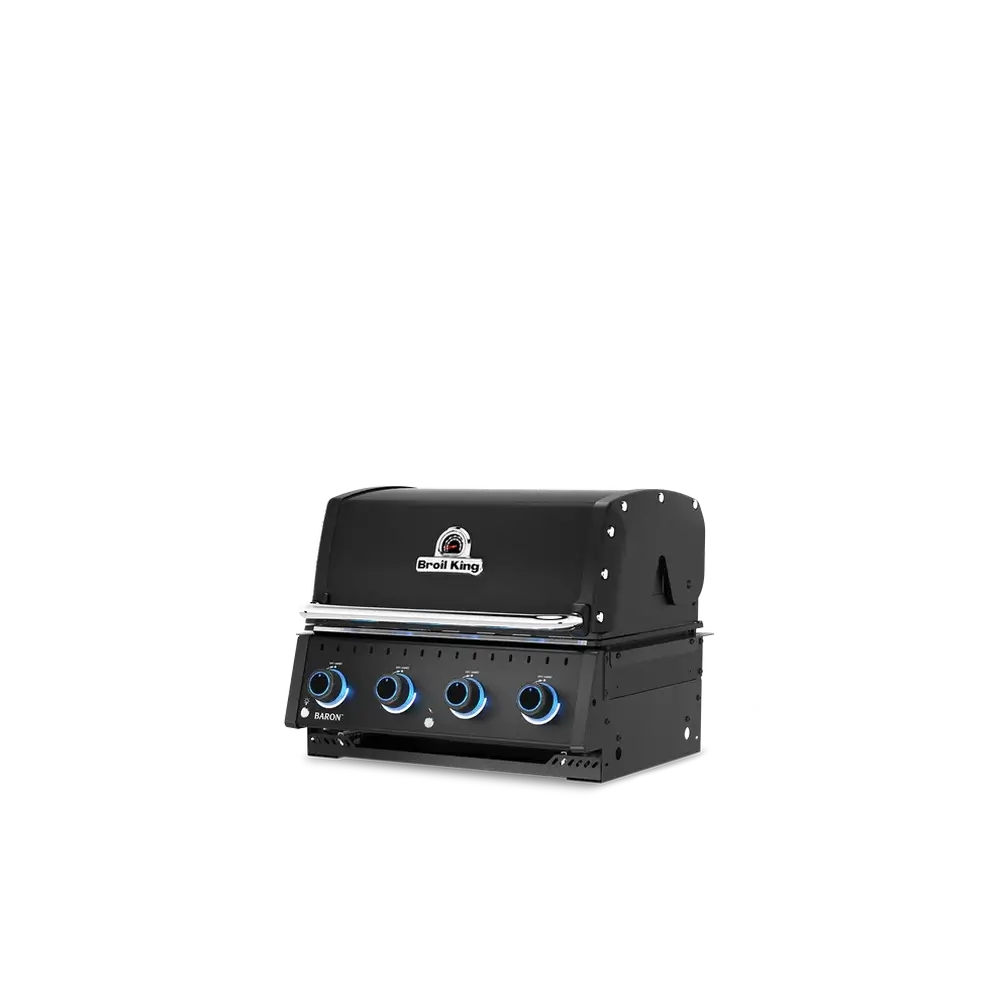 Three-quarter right view of the Broil King Baron 420 Shadow Built-In gas grill showcasing its sleek black finish.