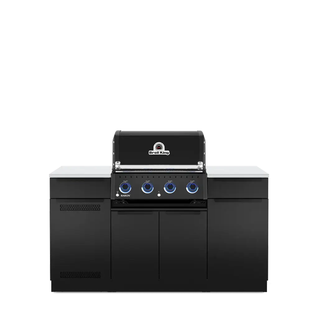 Front view of the Broil King Baron 420i Pro Shadow Island outdoor gas grill in matte black finish with blue LED backlit control knobs and stainless steel workspaces.