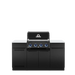 Front view of the Broil King Baron 420i Pro Shadow Island outdoor gas grill in matte black finish with blue LED backlit control knobs and stainless steel workspaces.