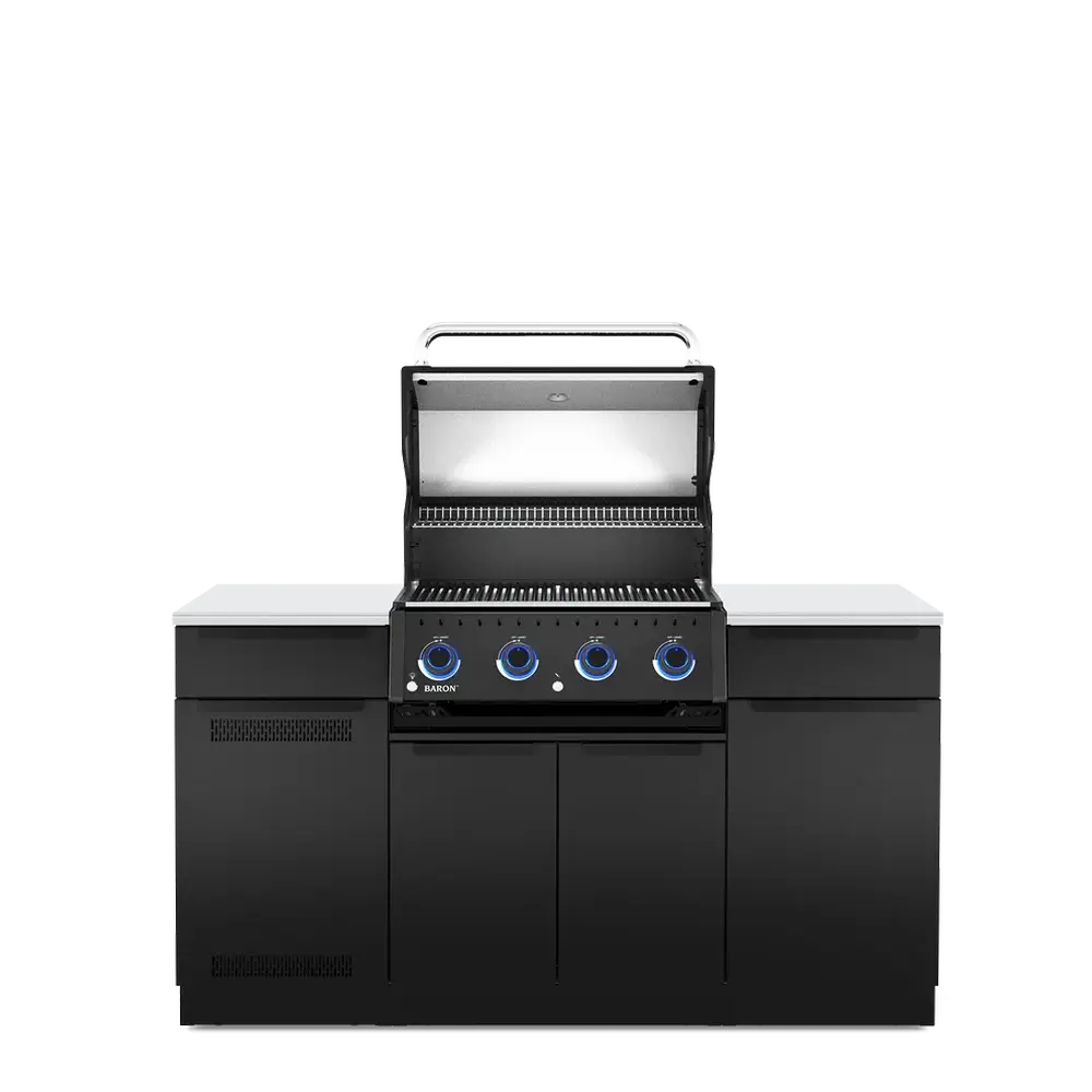 Open-lid view of the Broil King Baron 420i Pro Shadow Island gas grill, showcasing the heavy-duty cooking grates and premium infrared side burner.