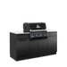 Three-quarter left perspective of the Broil King Baron 420i Pro Shadow outdoor kitchen island, highlighting the sleek black cabinetry and integrated storage drawers.