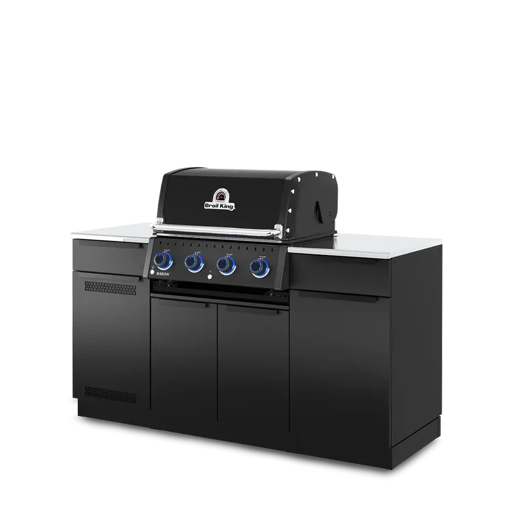 Right-side perspective of the Broil King Baron 420i Pro Shadow Island gas grill, showing the modern aesthetic and compact footprint of the luxury outdoor cooking station.