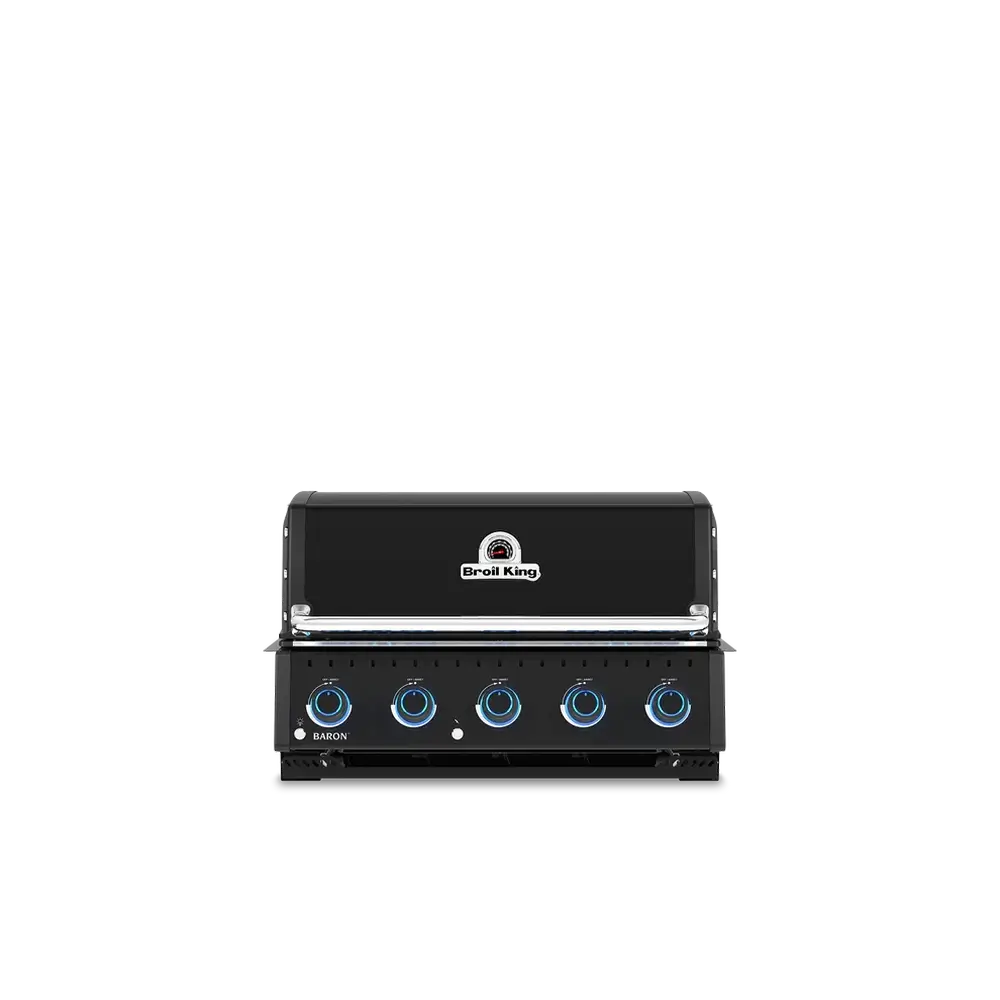 Front view of the Broil King Baron 520 Shadow built-in gas grill featuring a sleek black finish and five blue LED-backlit control knobs.