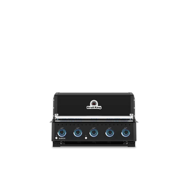 Front view of the Broil King Baron 520 Shadow built-in gas grill featuring a sleek black finish and five blue LED-backlit control knobs.