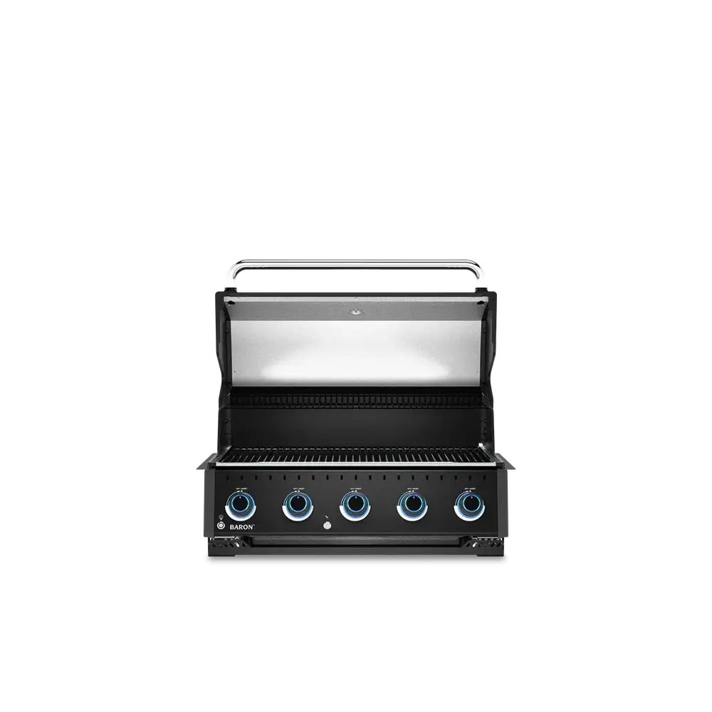 Open lid view of the Broil King Baron 520 Shadow built-in grill head showing the heavy-duty cooking grates and spacious 5-burner grilling area.