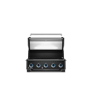 Open lid view of the Broil King Baron 520 Shadow built-in grill head showing the heavy-duty cooking grates and spacious 5-burner grilling area.