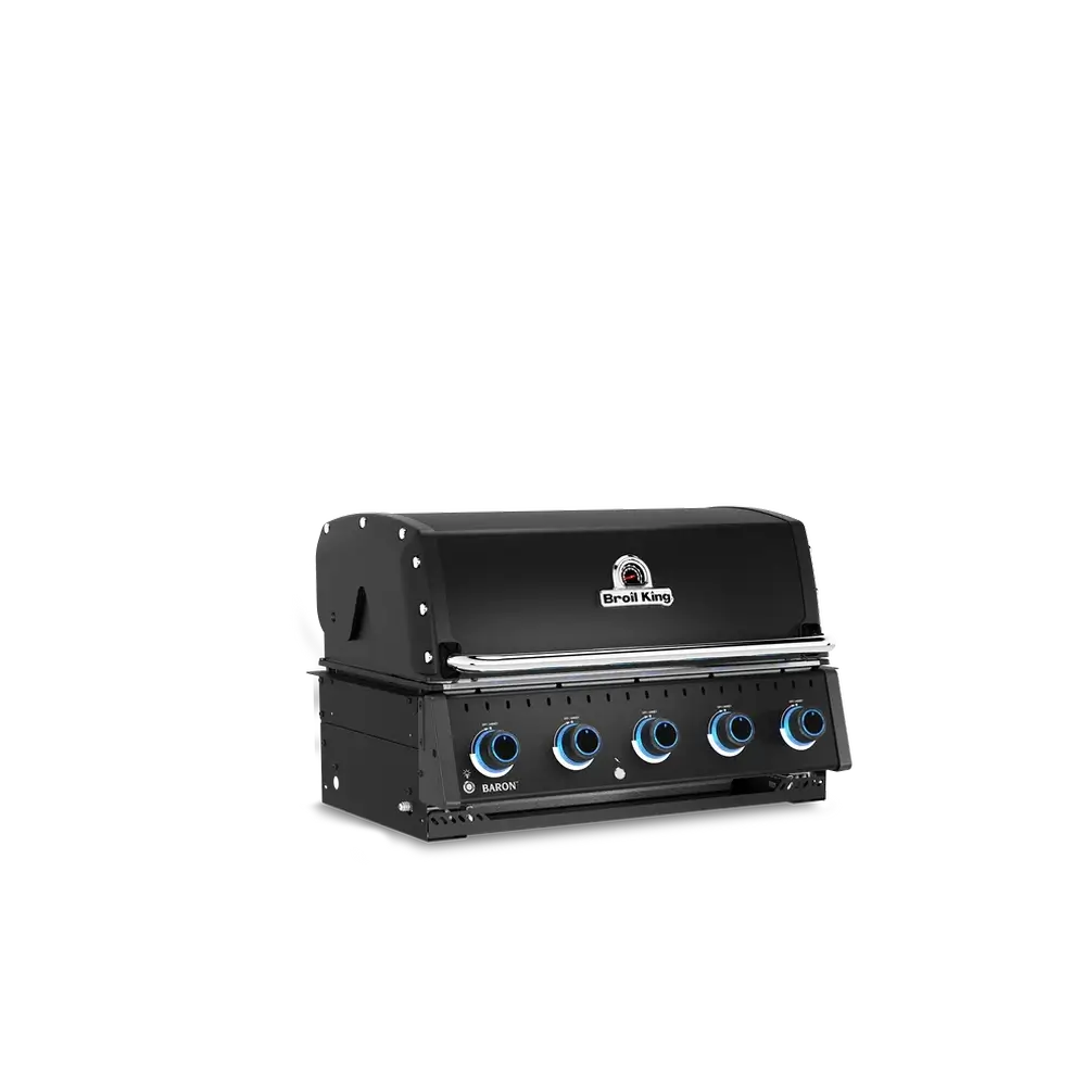 Side perspective of the Broil King Baron 520 Shadow series built-in infrared burner grill designed for custom outdoor kitchen installations.