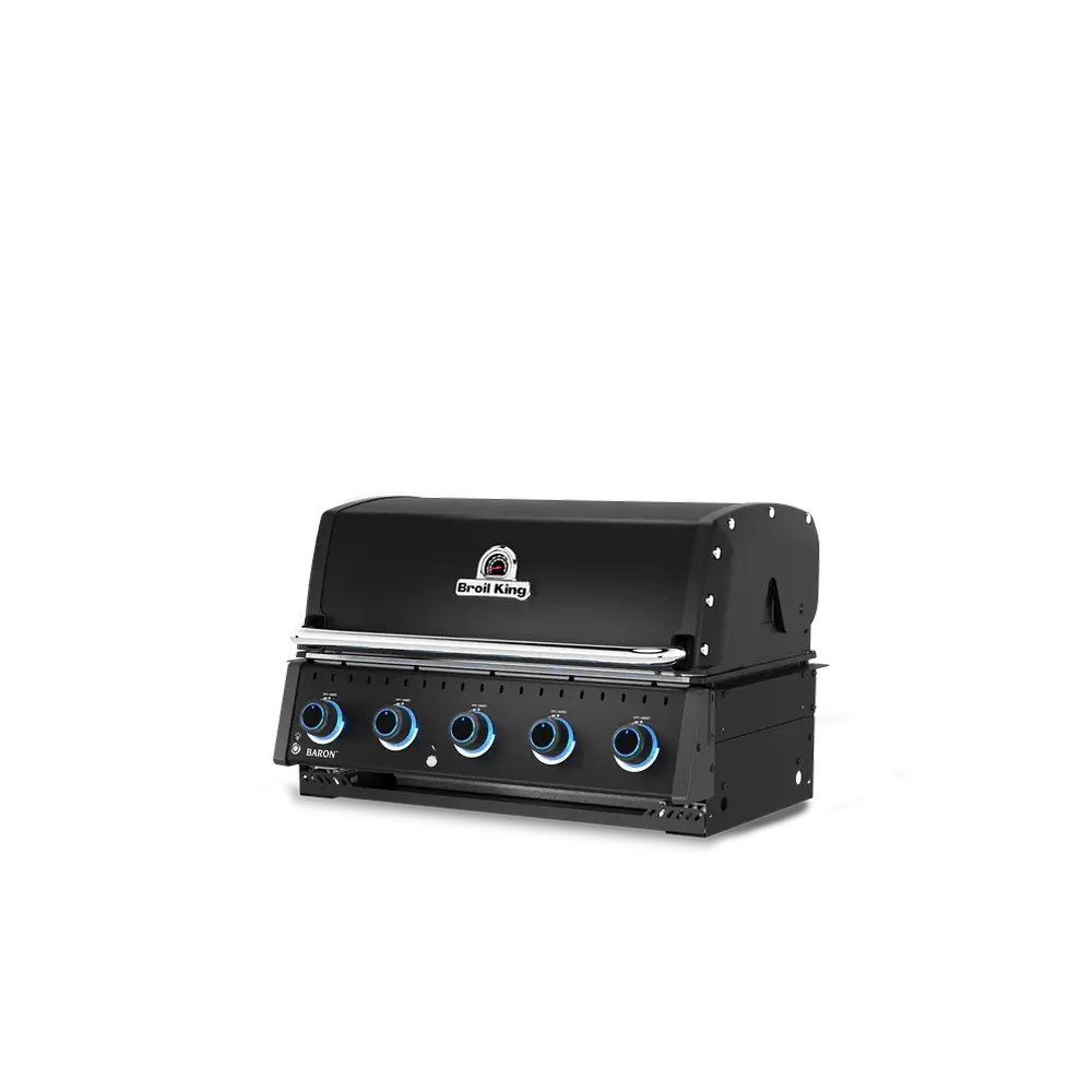 Angled view of the Broil King Baron 520 Shadow 5-burner built-in gas grill head highlighting the black porcelain-enameled lid and integrated thermometer.