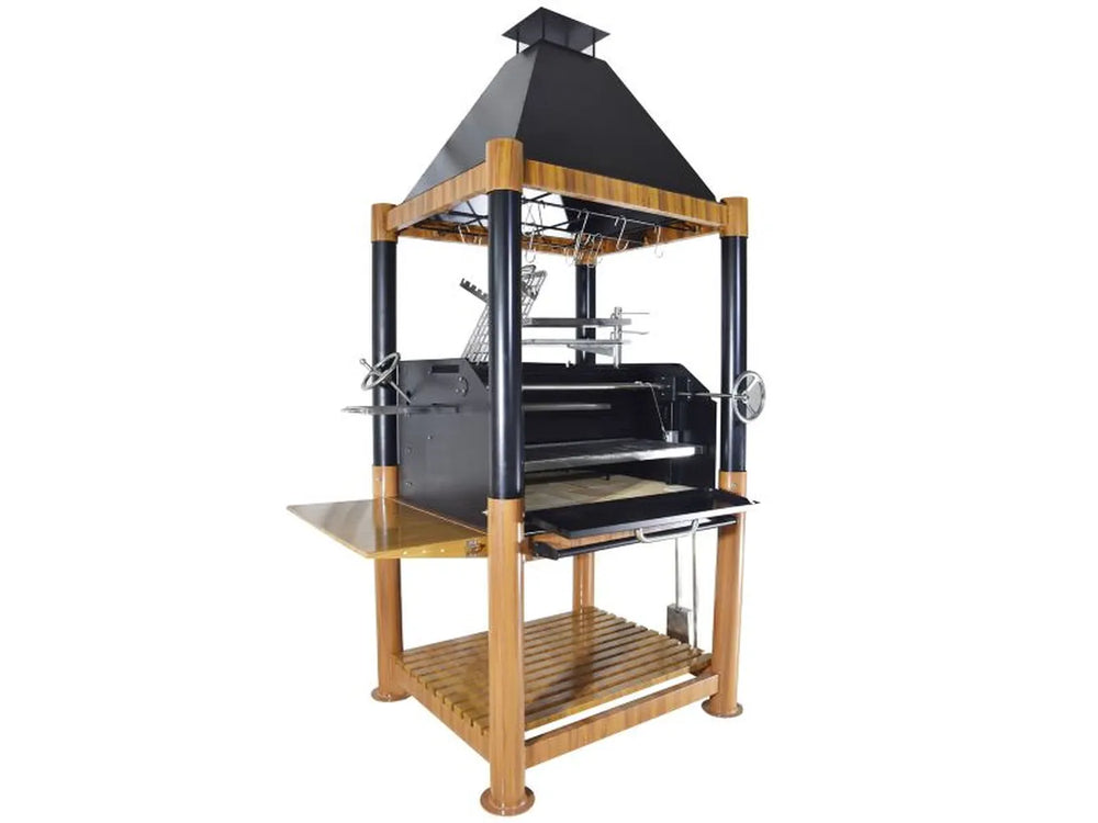 Tagwood BBQ BBQ02SI Gaucho grill with side table and rotisserie-style clamp grill