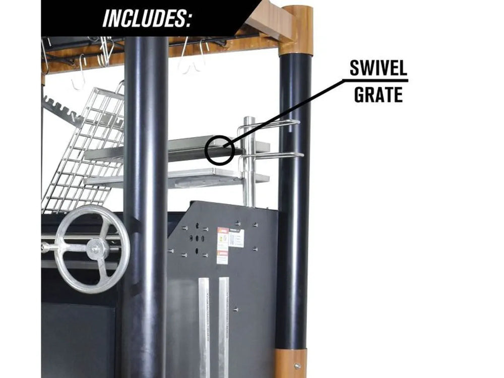 Tagwood BBQ BBQ02SI Gaucho charcoal grill angled view with adjustable height cooking grate