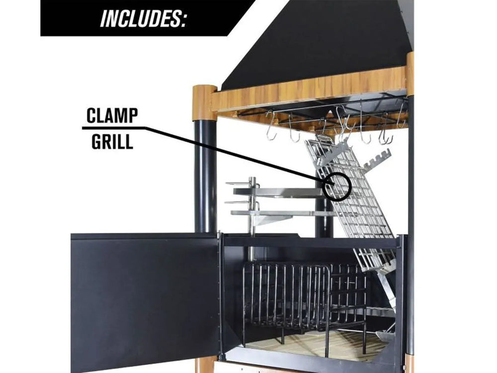 Tagwood BBQ BBQ02SI Argentine grill with S-shape meat hooks under chimney hood