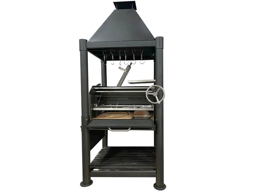 Tagwood BBQ BBQ02SIB Santa Maria Gaucho Grill 1700 sq in charcoal grill with adjustable height grate and chimney hood