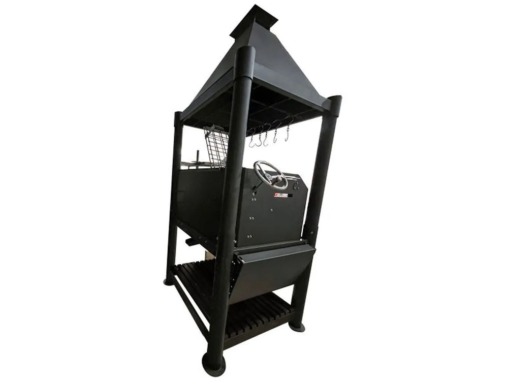 Tagwood BBQ BBQ02SIB Argentine Santa Maria grill with chimney, crank handle, and lower wood storage