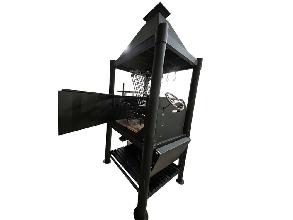 Tagwood BBQ BBQ02SIB outdoor charcoal grill with open side door and adjustable cooking grates