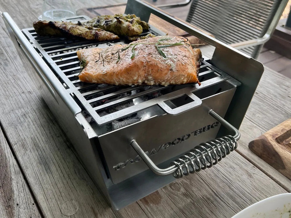Tagwood BBQ07SS tabletop brazier food warmer stainless steel mini charcoal grill cooking salmon and meat close-up