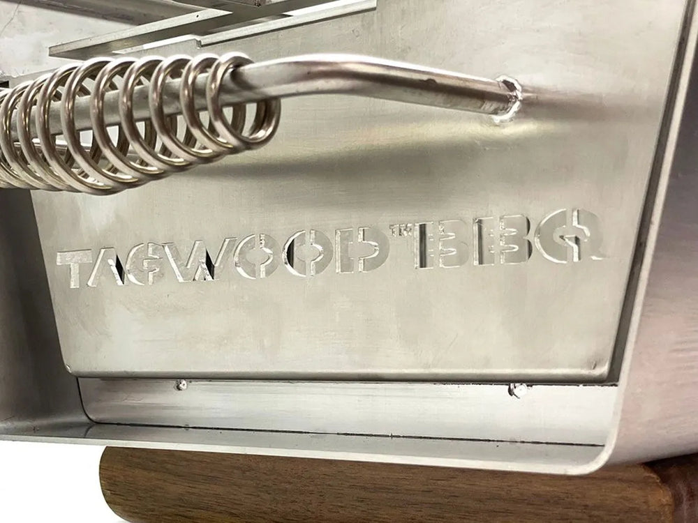 Tagwood BBQ07SS tabletop brazier food warmer stainless steel front logo detail with spring handle