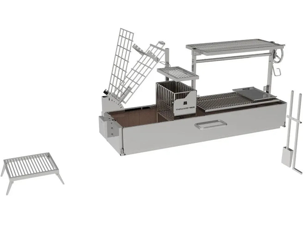 Tagwood BBQ08SS built-in Argentine open fire grill complete system with Argentine clamp grill, adjustable Santa Maria grate and side firebox studio view