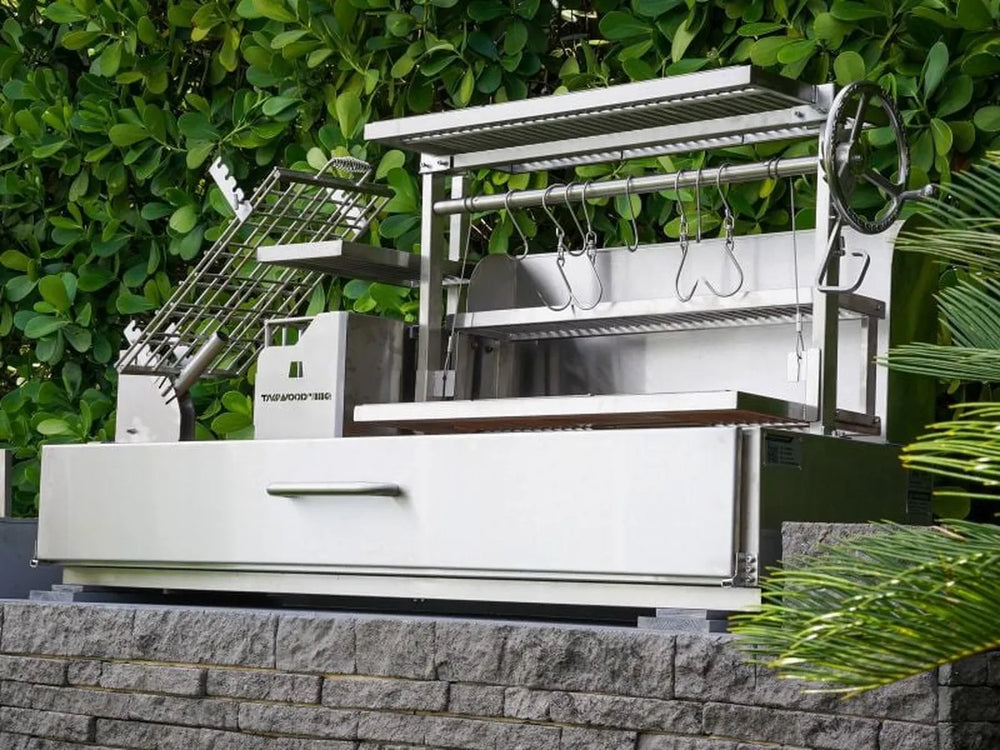 Tagwood BBQ08SS built-in Argentine open fire grill outdoor installation with Argentine clamp grill and adjustable cooking grate