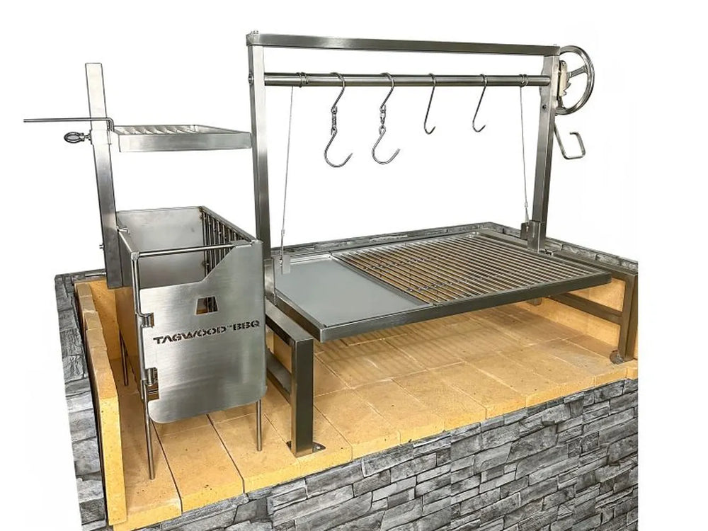 Tagwood BBQ09SS Santa Maria insert grill angled view showing crank wheel and hanging meat hooks