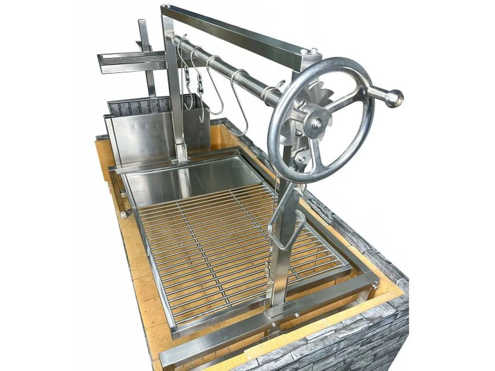 Tagwood BBQ09SS Santa Maria insert grill installed in stone outdoor kitchen with crank lift grate