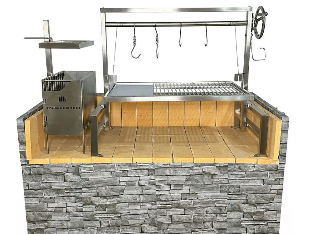 Tagwood BBQ09SS Santa Maria insert grill front installation view with firebrick base and side charcoal basket