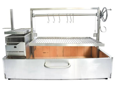 Tagwood BBQ25SS XL built-in Santa Maria grill 304 stainless steel front view with adjustable crank grate and side brasero