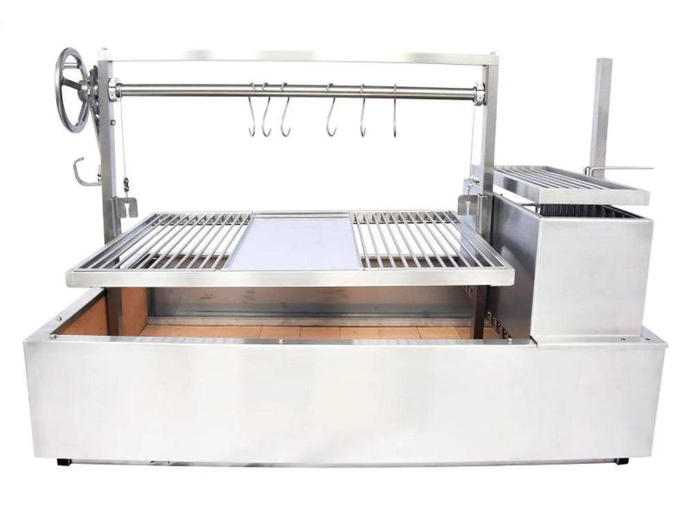 Tagwood BBQ25SS XL built-in Santa Maria grill side angle showing brasero charcoal starter and grill grates