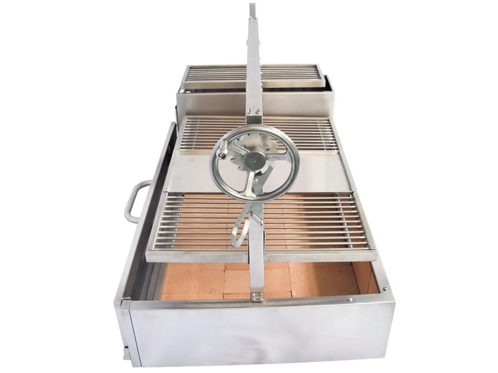 Tagwood BBQ25SS XL built-in Santa Maria grill top down view showing adjustable grate system and crank wheel