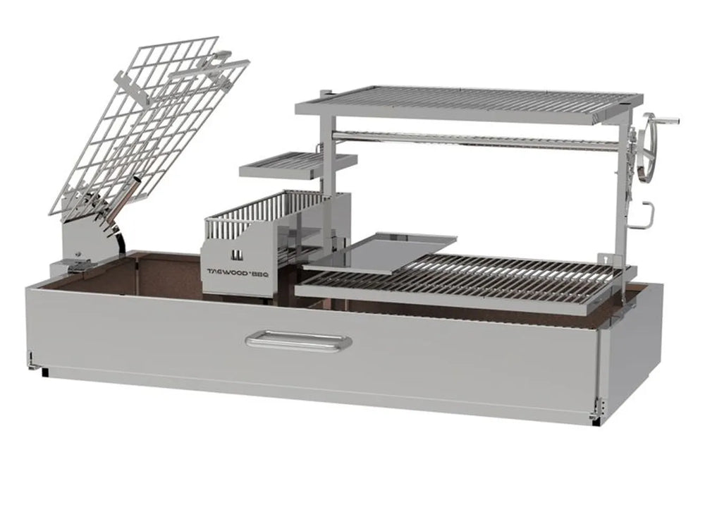 Tagwood BBQ28SS built-in Santa Maria grill with adjustable height cooking grate, brasero charcoal starter and stainless steel frame