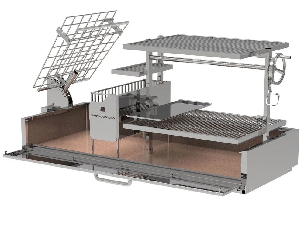 Tagwood BBQ28SS built-in Santa Maria grill modular components view showing brasero, grill grates and support frame