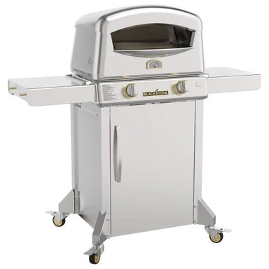 Interior cooking space of pizza oven with dual burners and thick stone baking surface