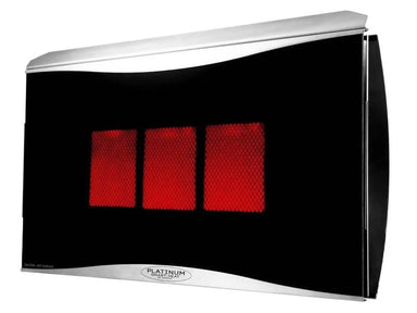 An angled, eye-level view of the Bromic Platinum 300 Gas Radiant Heater, with its black face and red heating elements, and a curved, brushed stainless steel top.