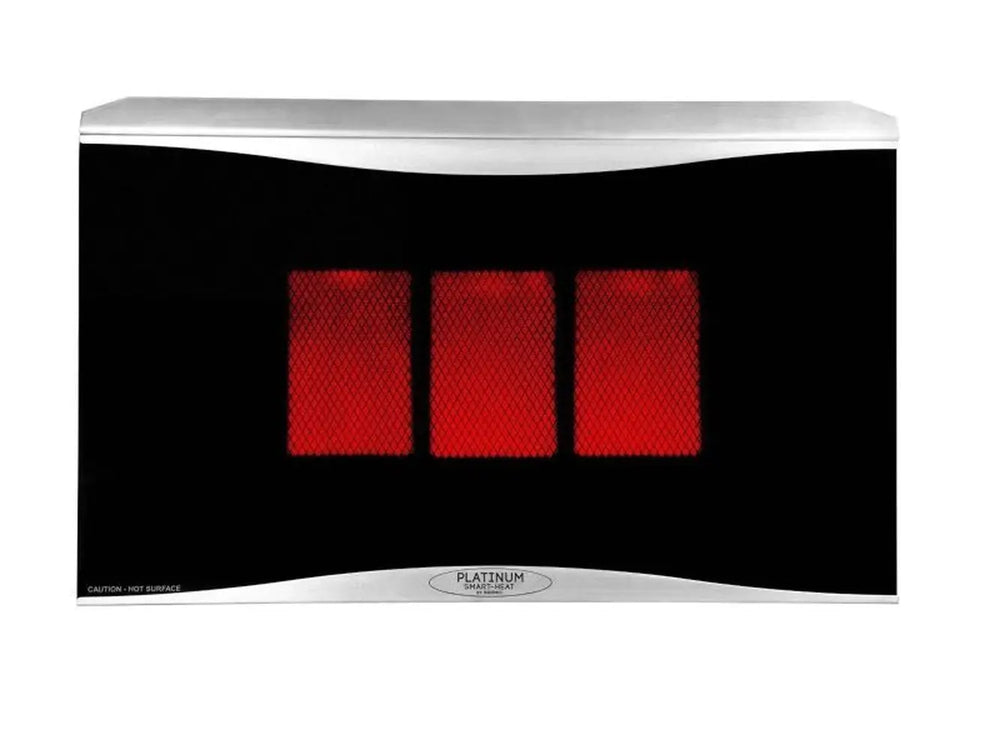 A direct, straight-on view of the Bromic Platinum 300 Gas Radiant Heater, highlighting the sleek, minimalist design of the black heating panel and silver trim.