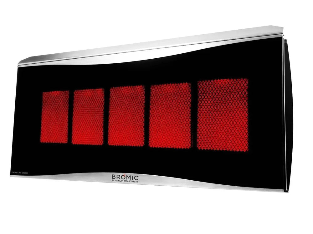 An angled view of the Bromic Platinum 500 Gas Radiant Heater, with its five-panel black face and glowing red heating elements, and a curved, brushed stainless steel top.