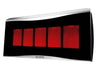 An angled view of the Bromic Platinum 500 Gas Radiant Heater, with its five-panel black face and glowing red heating elements, and a curved, brushed stainless steel top.