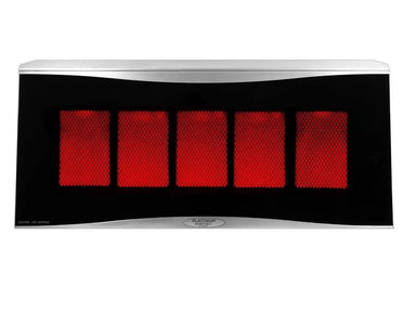 A direct, straight-on view of the Bromic Platinum 500 Gas Radiant Heater, highlighting the clean, modern design of the black heating panel and silver trim.