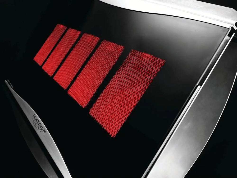 A close-up, high-angle studio shot of the heating elements on the Bromic Platinum 500 Gas Radiant Heater, emphasizing the texture of the heating panels.