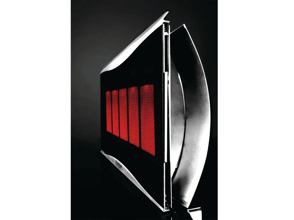 A side view of the Bromic Platinum 500 Gas Radiant Heater, showing the sleek, slim profile and the curved design of the brushed stainless steel body.